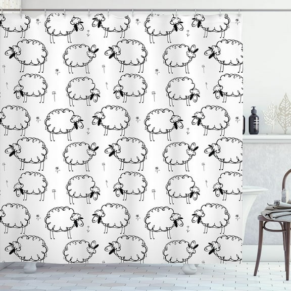 Letter M Shower Curtain, Abstract Ornamental Design in Dark Color Scheme Swirls and Lines Eastern, Cloth Fabric Bathroom Decor Set with Hooks,  Black Grey White