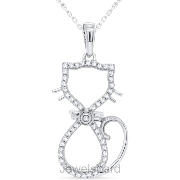 JewelsYard Created Round Cut White Diamond Real 925 Sterling Silver 14K White Gold Finish Kitty-Cat Pendant Necklace Gift for Women