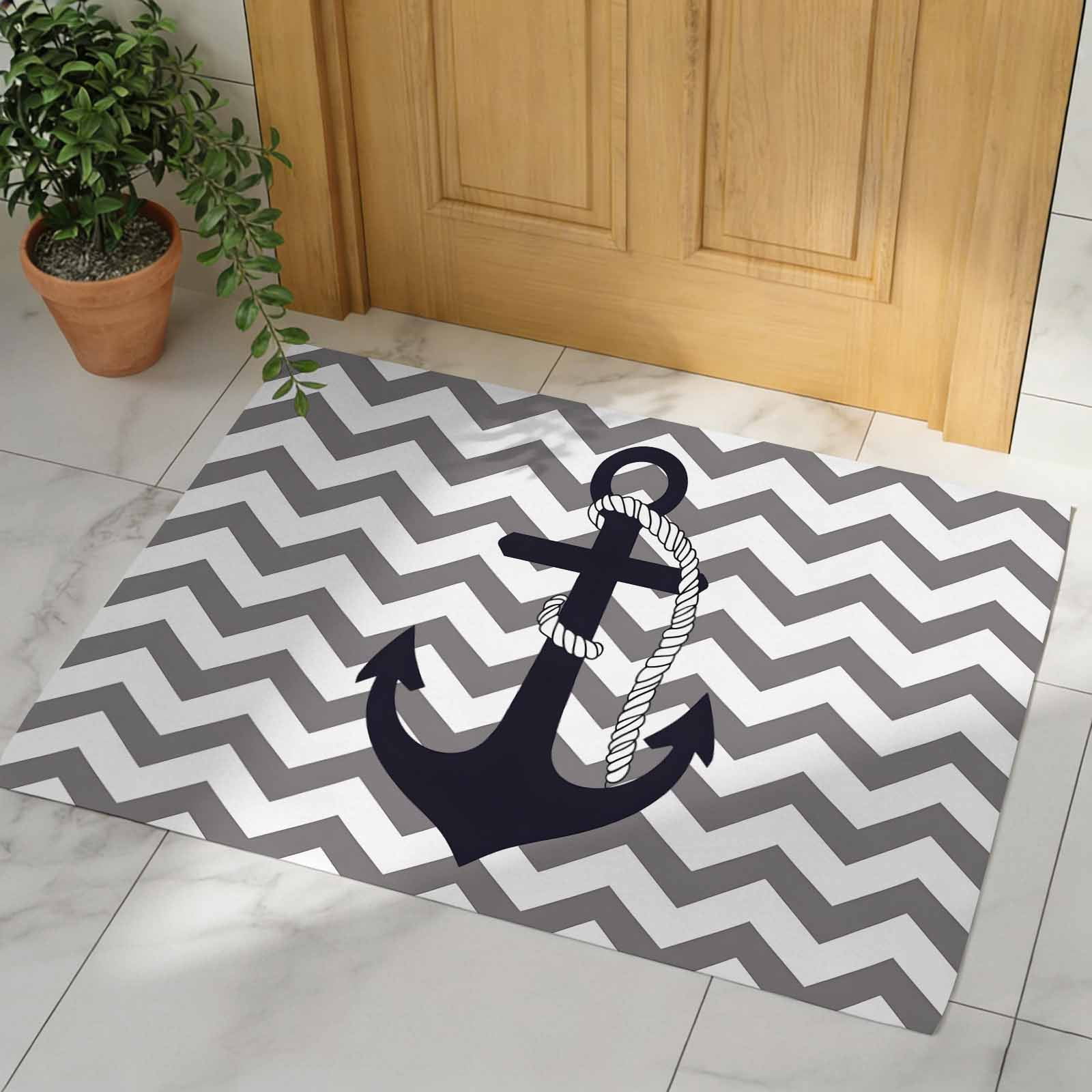 Black Nautical Anchor Indoor Door Mat - 18"x30", Non-Slip Welcome Mat for Outdoor, Gray Stripe Modern Wavy Lines Front Doormat for Entry, Low-Profile Doormat Entrance Rug for Kitchen/Bathroom