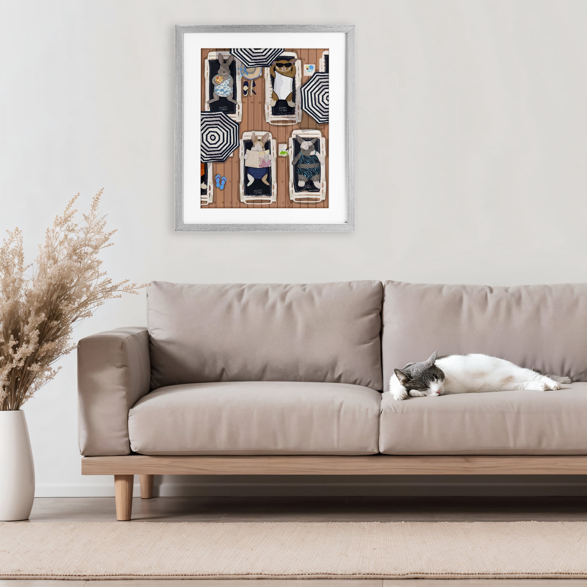Stupell Industries Rabbits at Hotel La Mer Gray Framed Print Under Glass, design by Hanna Melin