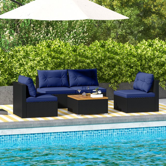 Gymax 5 Piece Outdoor Furniture Set w/ Seat & Back Cushions Acacia Wood Tabletop Navy