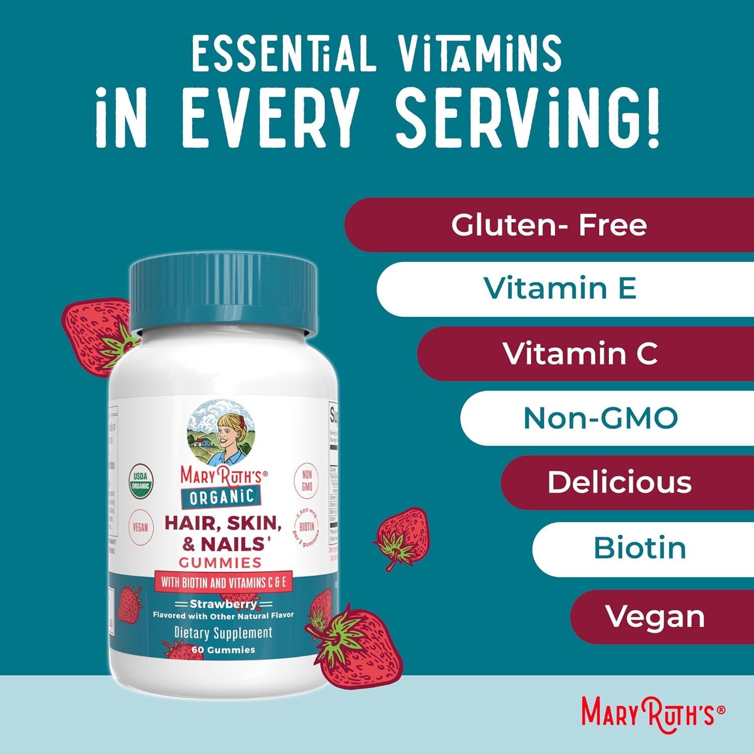 MaryRuth's Hair, Skin and Nails Biotin Gummies, Adult Vegan, 60 Count