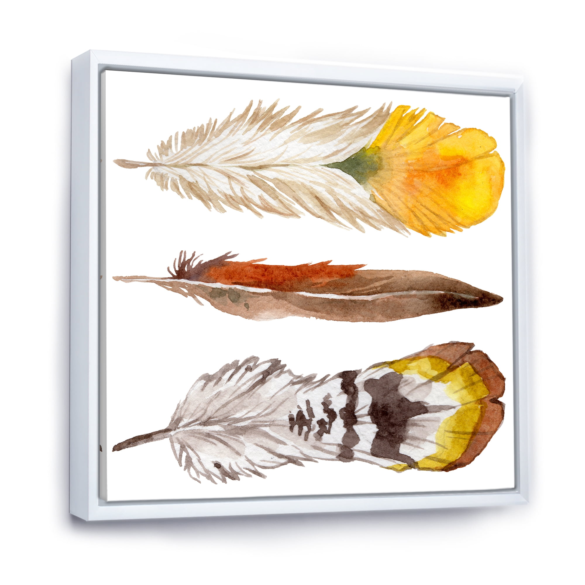 Designart 'Ethnic Yellow Feather From Wing On White' Bohemian & Eclectic Framed Canvas Wall Art Print