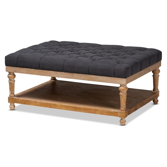 Linen Upholstered Cocktail Ottoman with Greywash Wood Base - Living Room Footrest