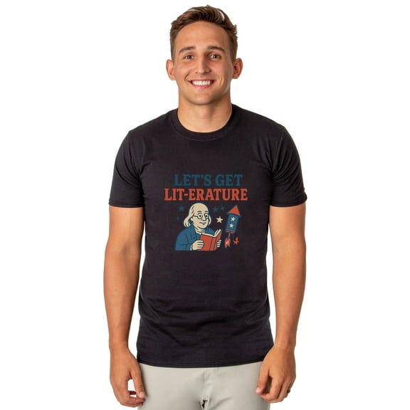 Men's Festive 4th of July T-Shirt "Let's Get Lit-erature" America Patriotic Graphic Print Funny Short-Sleeve Tee