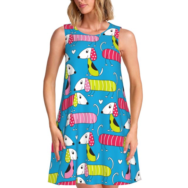 Disketp Color Dachshund Dog para Vestido sin Mangas para Mujeres, Vestidos de Verano para Mujeres, Casual y Holgado para la Playa