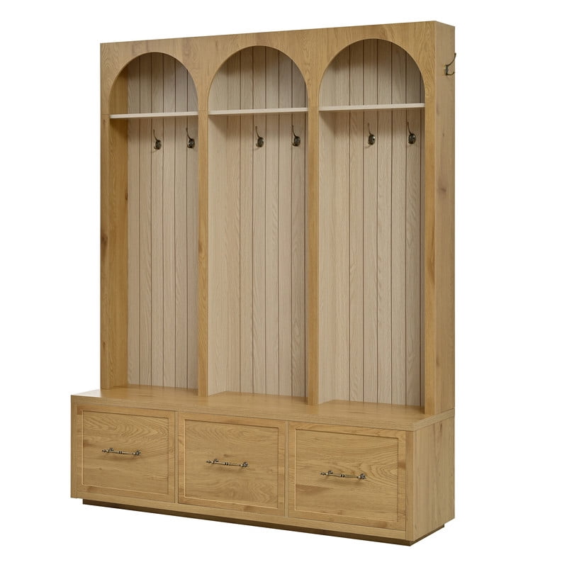 Farmhouse Arched Design Hall Tree with Retro Hooks, Entryway Seating Bench with 3 Storage Drawers, Elegant Coat Rack for Living Room
