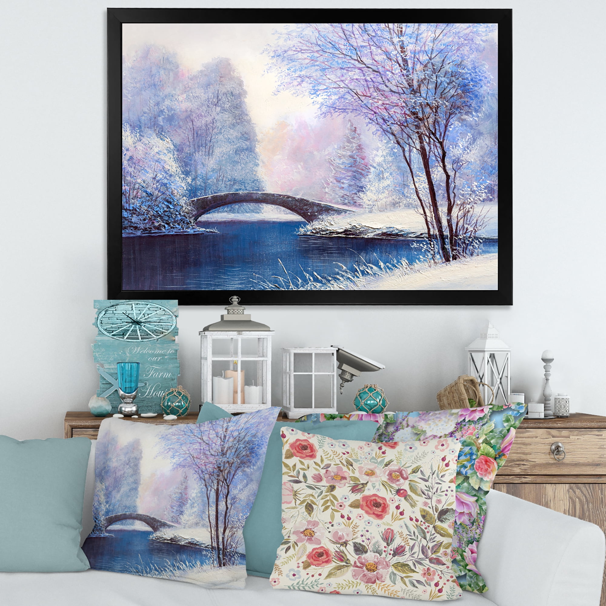 Bridge Of Meandering River With Winter Scenery III 20 in x 12 in Framed Painting Canvas Art Print, by Designart