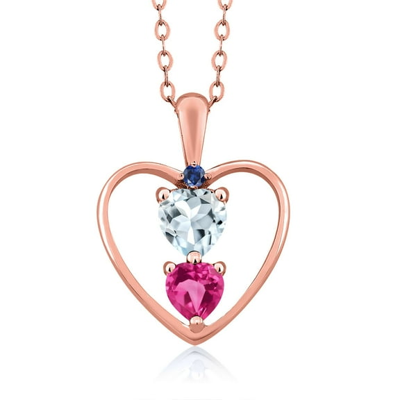 18K Rose Gold Plated Silver Aquamarine Pink Created Sapphire and Blue Created Sapphire Pendant Necklace for Women (0.92 Cttw, Gemstone Birthstone, Heart 5MM and 4MM, with 18 inch Silver Chain)