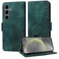 thumbnail image 2 of ELEHOLD For Samsung Galaxy S24 FE Leather Wallet Phone Case, Embossed Diamond Folio Flip Cover, Card Holder Cash Slot, Stand Support, Wrist Strap Lanyard -Green, 2 of 10