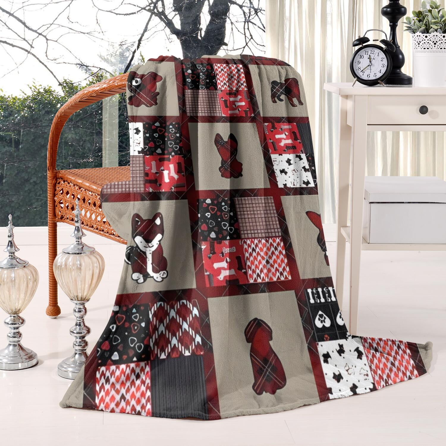 Red Plaid Dog Jigsaw Puzzle Blanket,Comfortable Soft Lamb Wool Throw Blanket,All Season,Warm Lightweight Blankets for Sofa Bed Couch Living Room Chair,60"x80"