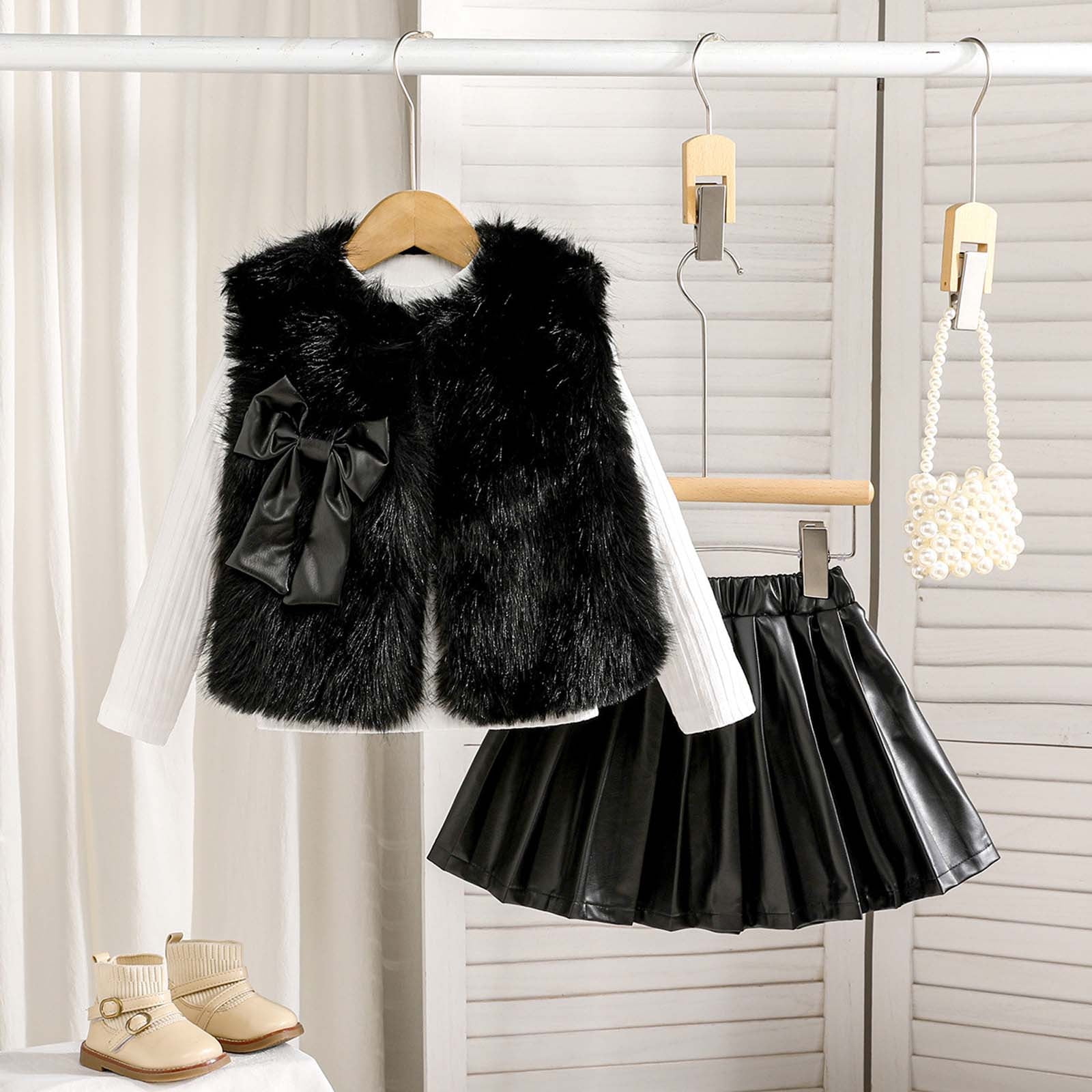 MEZZALL Girls Outfits Set Vest Long Sleeve Round Neck Tops PU Leather Pleated Skirt 3 Piece Outfits For Toddler Kids Holiday Cartoon Clothing