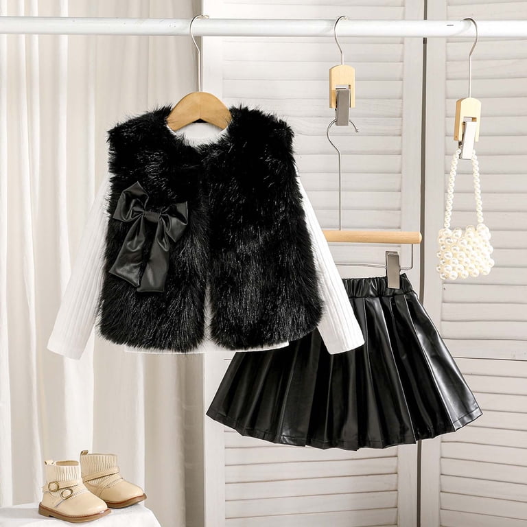Mezzall Girls Outfits Set Vest Long Sleeve Round Neck Tops PU Leather Pleated Skirt 3 Piece Outfits for Toddler Kids Holiday Cartoon Clothing