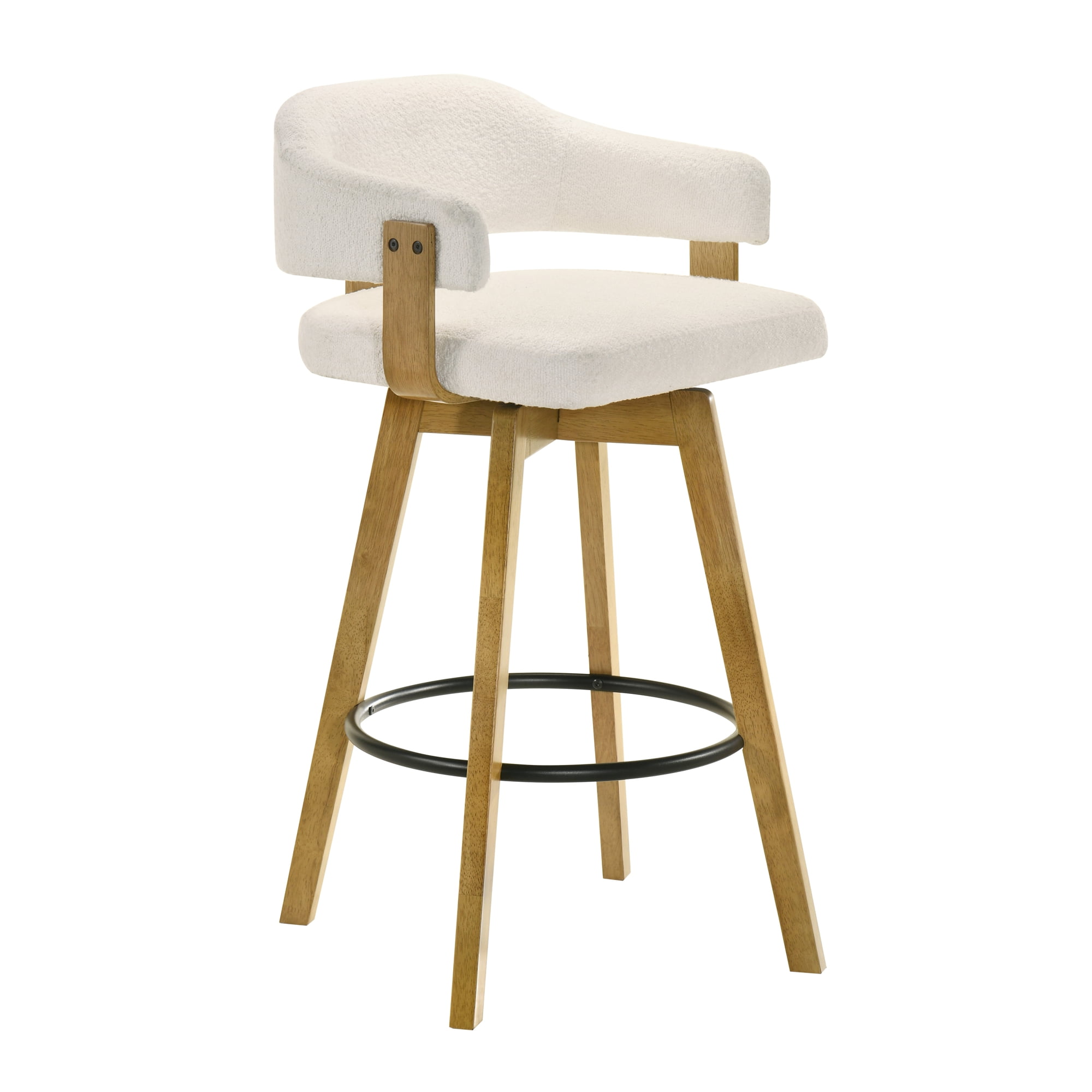 Callah Contemporary Natural Wood Bar Height Kitchen Bar Stool in Amber Glow Finish with White Boucle Fabric Upholstered Seat - Set of 2