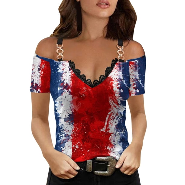Tops de Mujer Blusa Casual Elegante Camisas Con Cuello en V Cremallera Suelta Tanque Fuera Del Hombro Impresión Manga Corta Odeerbi ODB164709