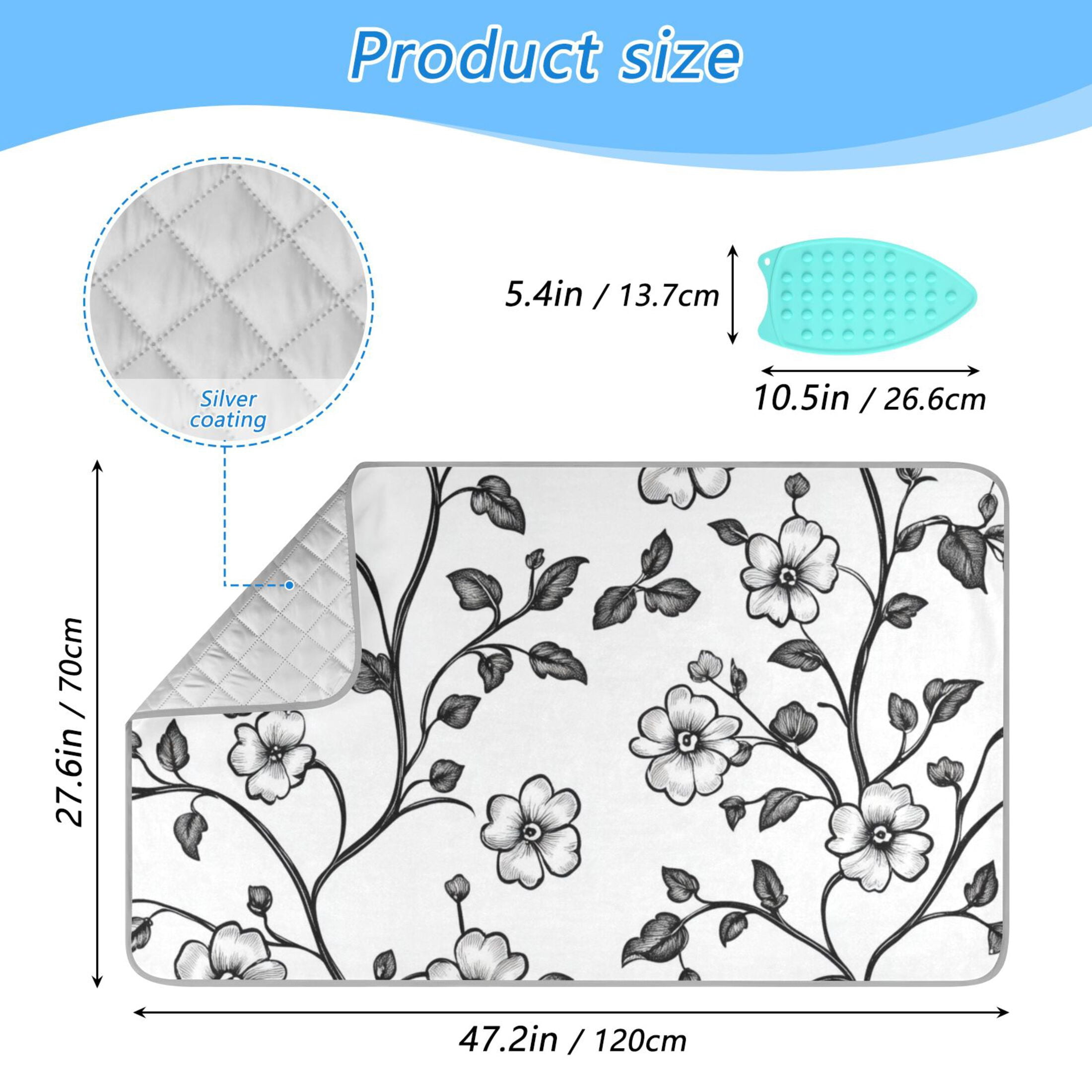 Monochrome Florals and Leaves Ironing Mat Blanket Portable Travel Ironing Pad Heat Resistant Pad 47.2" x 27.6”