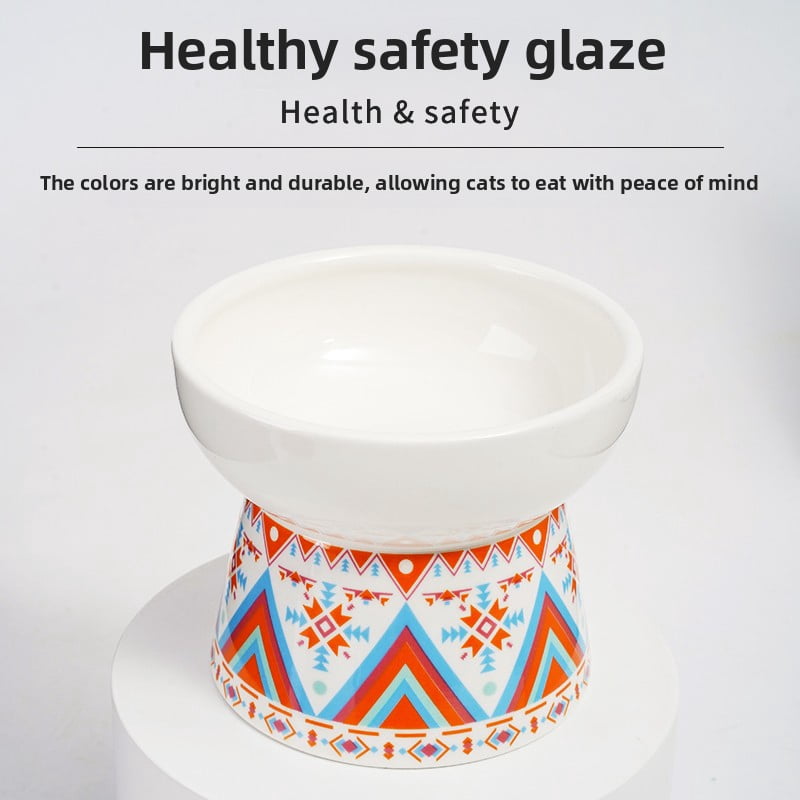 White Small Ceramic Raised Cat Bowls, Tilted Elevated Food or Water Bowls, Stress Free, Backflow Prevention, Dishwasher and Microwave Safe, Lead & Cadmium Free