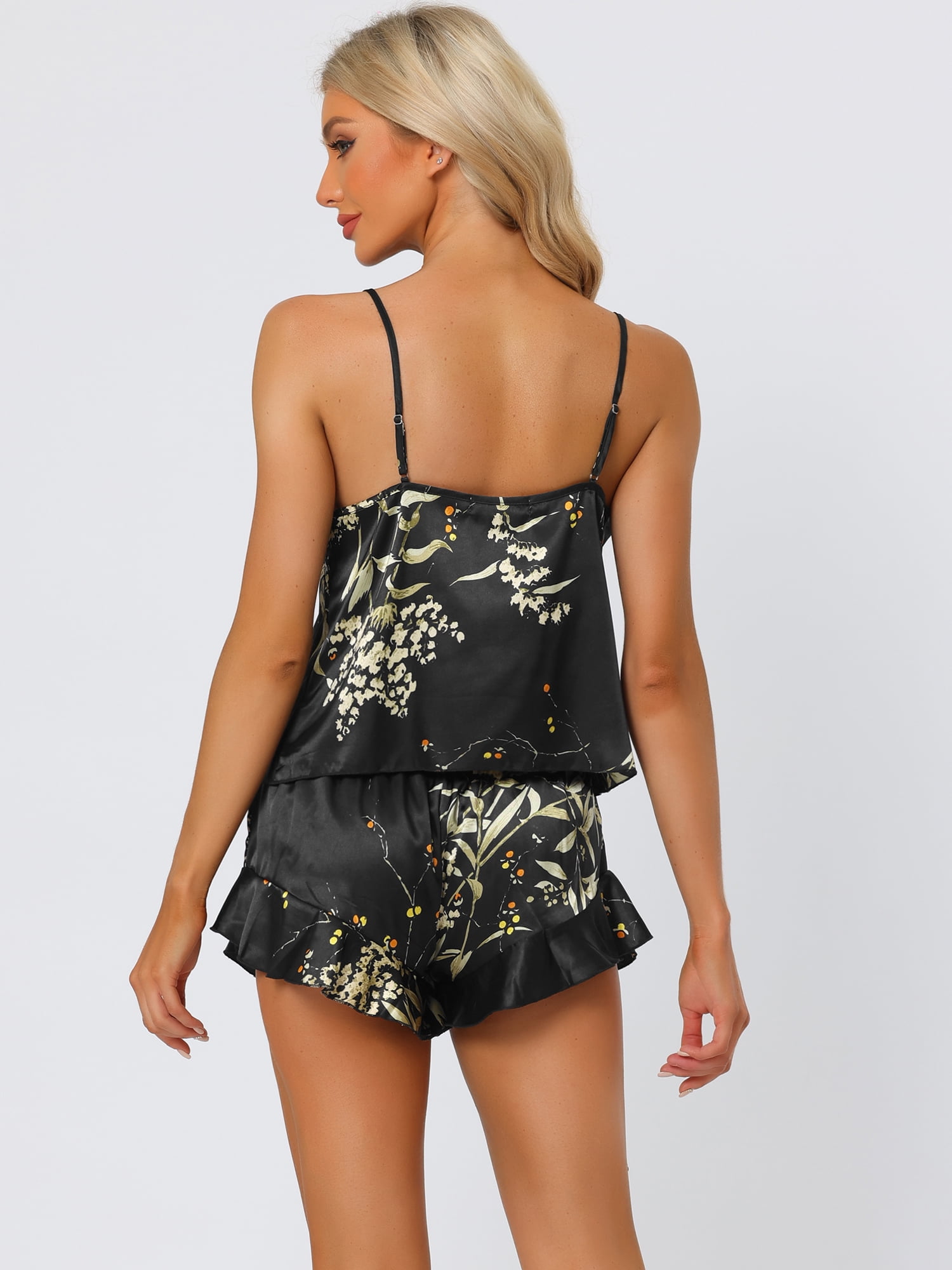 Unique Bargains Womens Satin Lounge Floral Cami Tops with Shorts Pajamas Sleepwear Sets