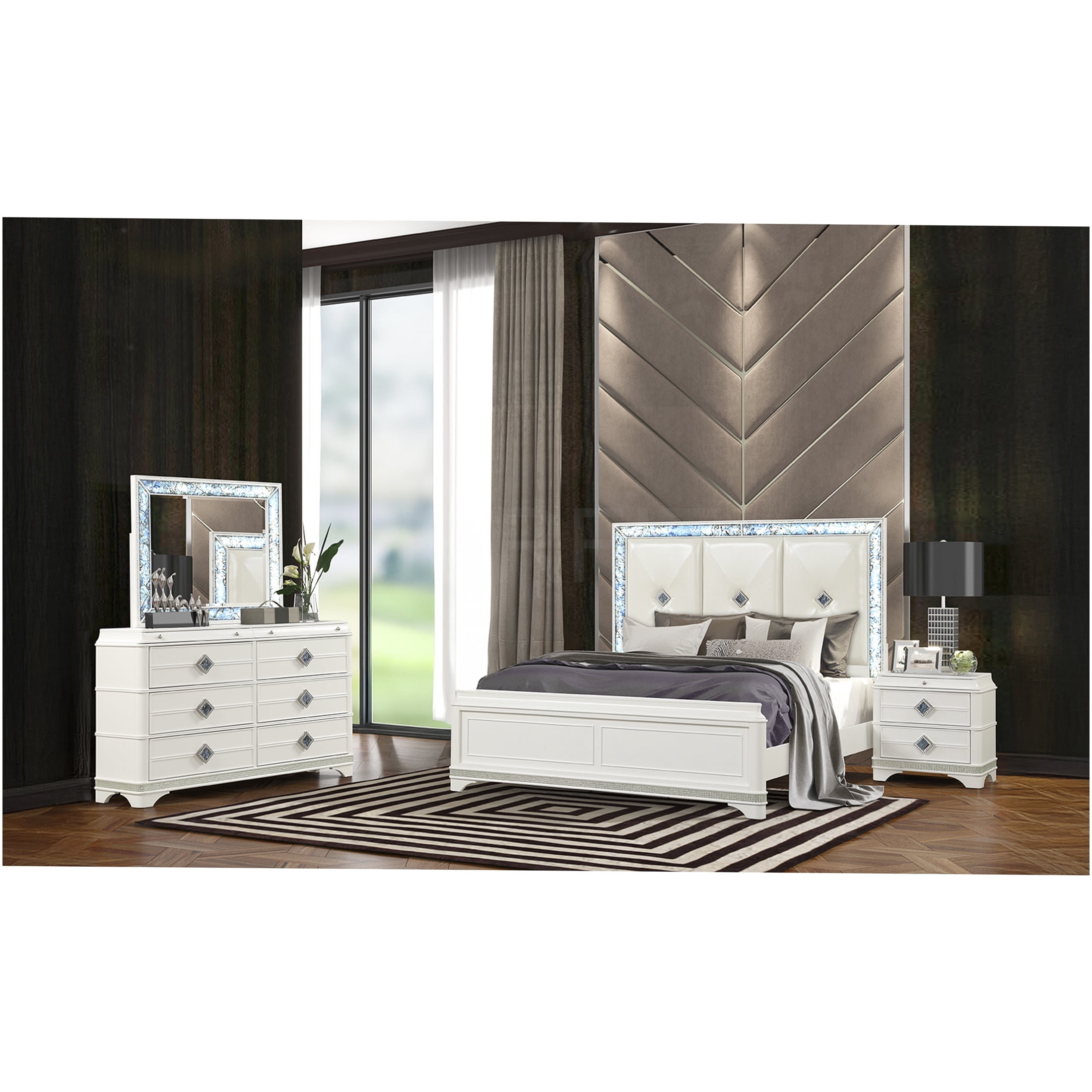 JERFIT White King Size Bed Frame with LED Lights and Upholstered Headboard, Modern Platform Bed with Blue Crystal Marble Accents, Wood Bedroom Furniture