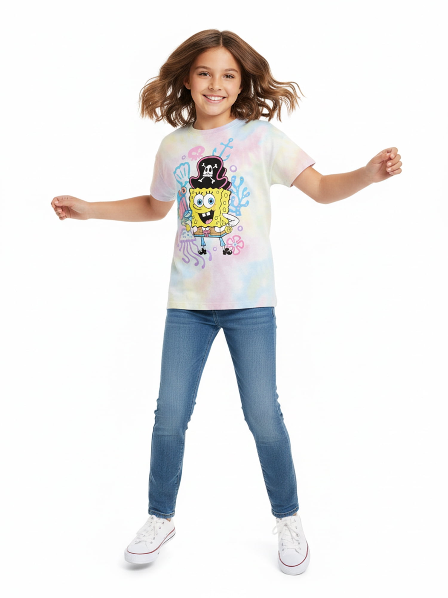 SpongeBob SquarePants Girls Pirate Sponge Graphic Tee with Short Sleeves, Sizes 4-16