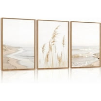 Modern Beach Artwork Seascape Wall Art, Seaside Framed Painting Reed Pathway Picture, Minimalist Neutral Coastal Landscape Wall Decor for Living Room,Bathroom- 16"x24"x3