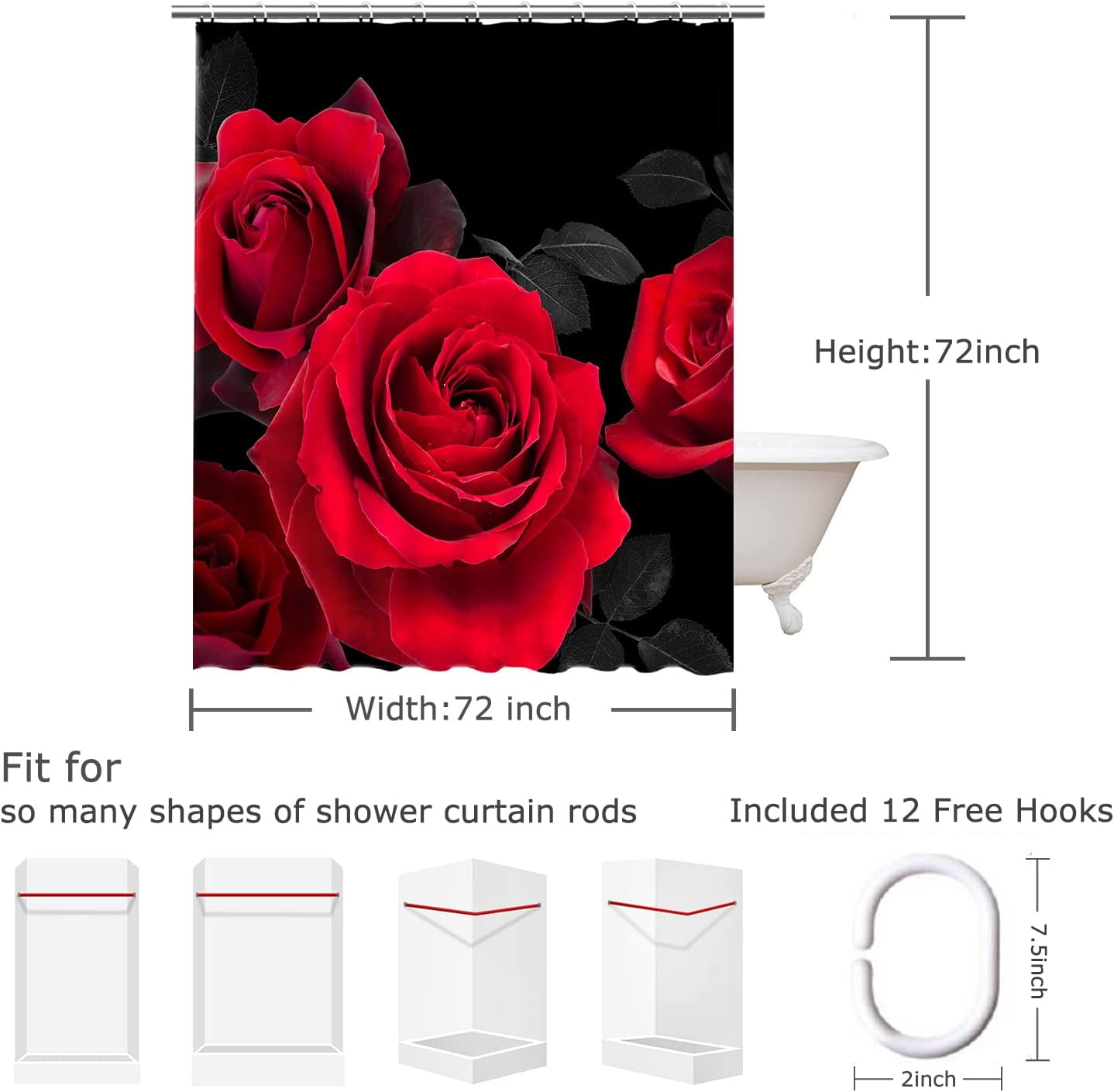 Red Shower Curtain for Bathroom Rose Shower Curtain Black and Red Shower Curtains Red Rose Shower Curtain with Hooks Black Floral Flower Decorative Pretty Valentine Gift, 72" W x 72" H