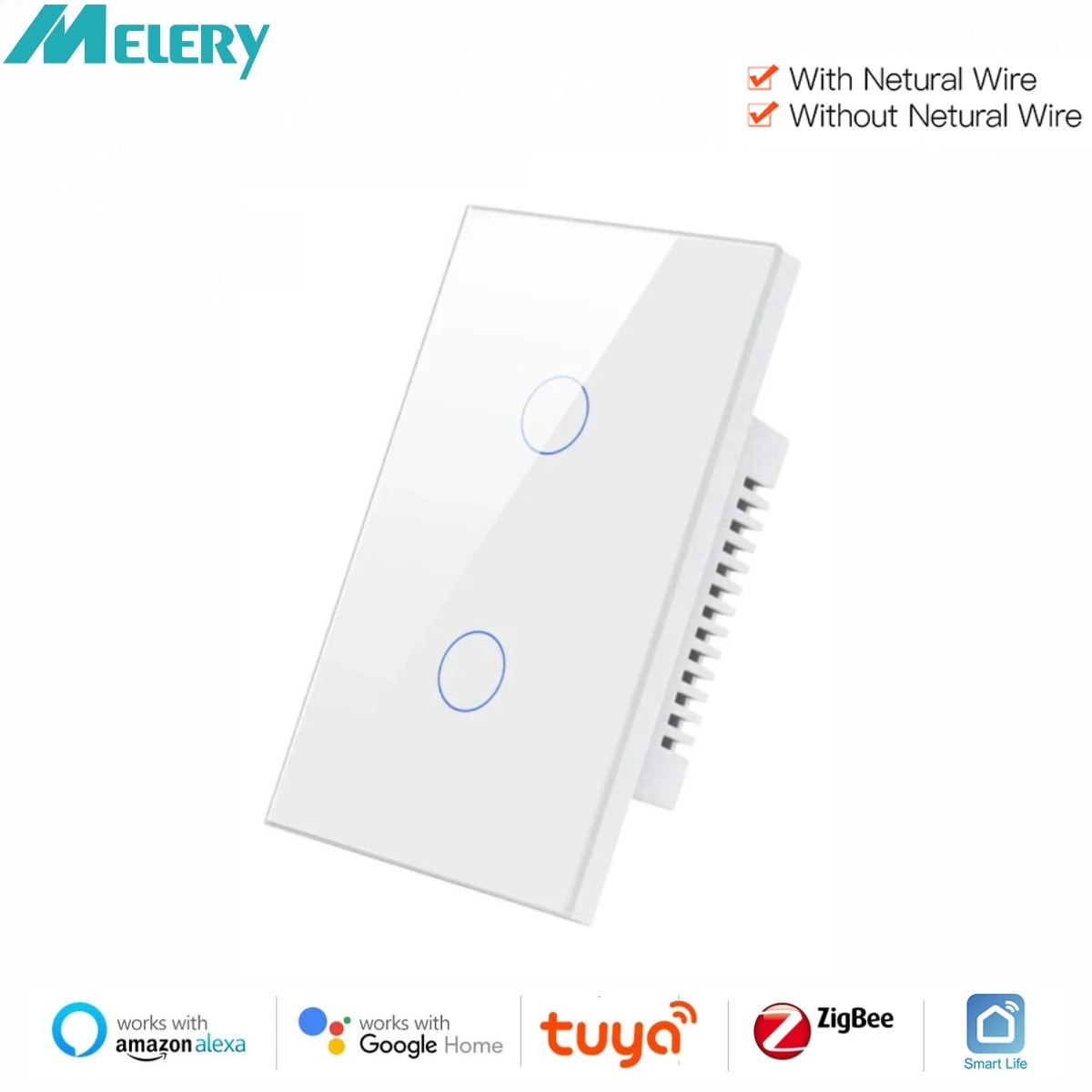 Melery Zigbee Smart Light Switch with/without Neutral Wire Wall Touch Sensor Glass Panel Voice Remote by Tuya Alexa Google Home
