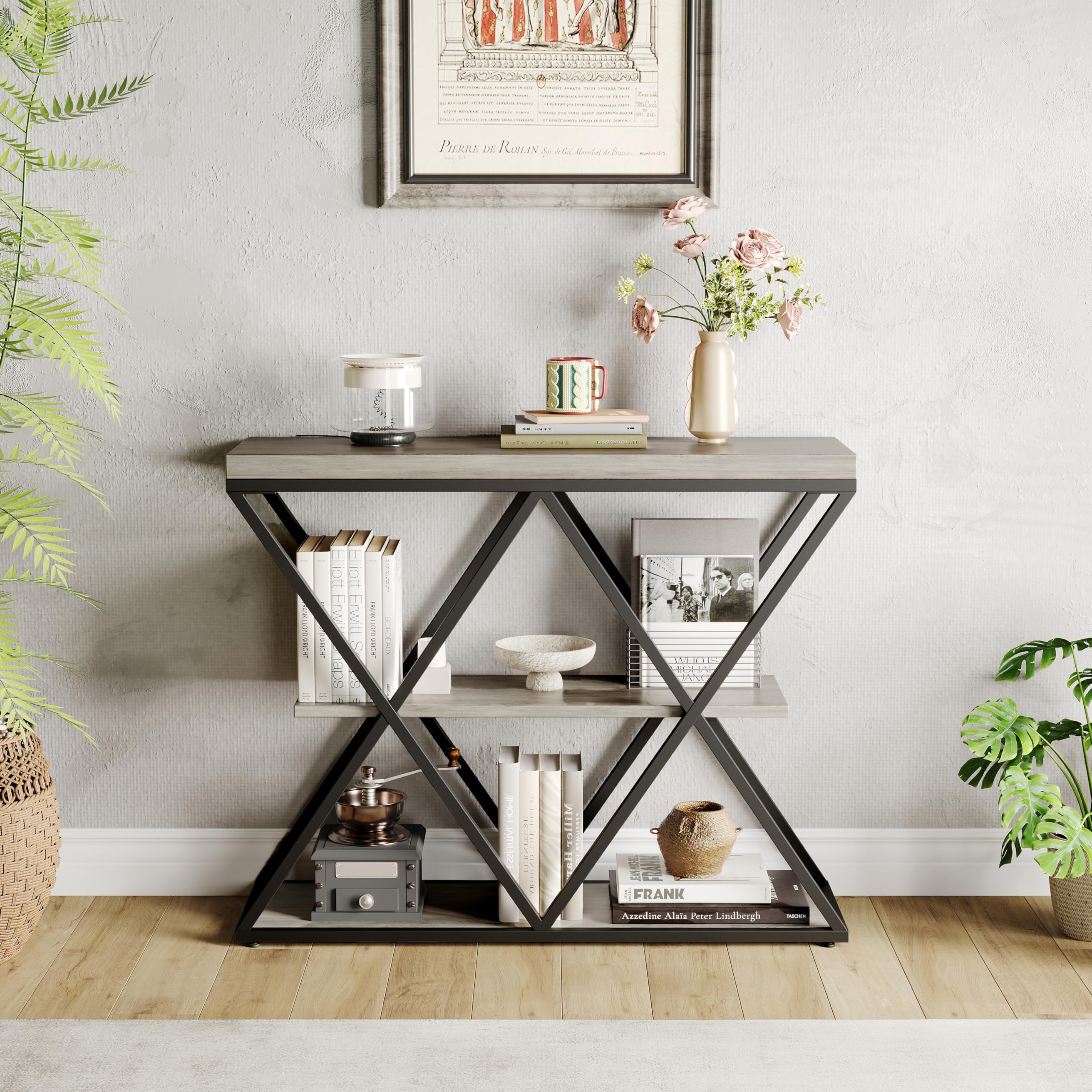 3-Tier Industrial Entryway Console Table - X-Shaped Metal Frame & Open Storage Shelves, Ideal Hallway Accent Table