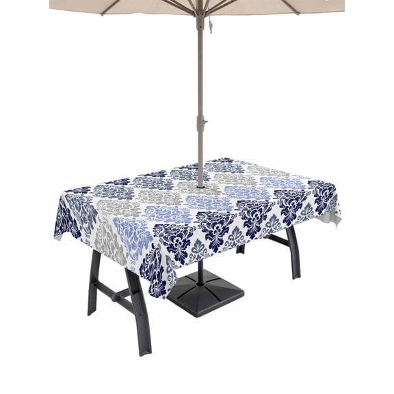 Outdoor Tablecloth with Umbrella Hole for Patio/Picnic/Party/Camping, Blue Boho Flowers Waterproof Table Cloth Rectangle Table Cover Washable, Modern Luxurious Ombre Geometric Floral (52"x 70")