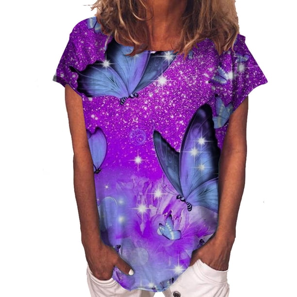 Blusa informal de manga corta con cuello redondo y estampado de verano a la moda para mujer Pompotops hfajkhk134969