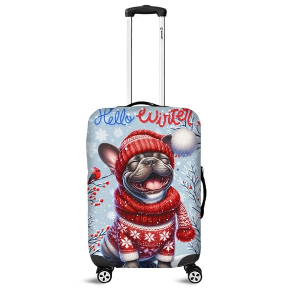 Hello Winter French Bulldog Smiling in Red Scarf Hat Welcome Christmas Travel Luggage Cover Dog Lover Gifts Suitcase Dust Protective Decor - 00017