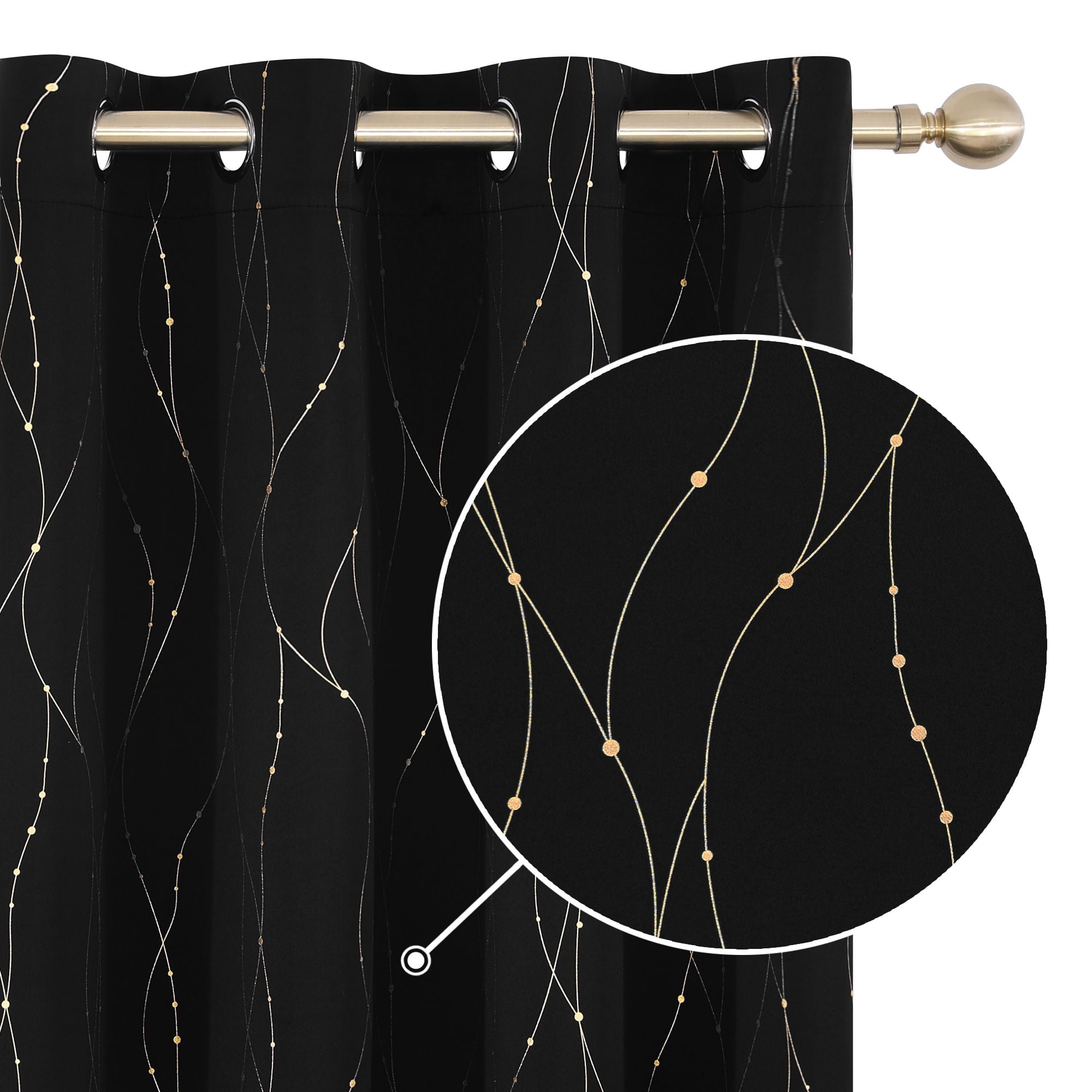 Deconovo Window Curtains Wave Line with Dots Gold Foil Print Design Grommet Blackout Curtains for Kitchen 52 x 45 inch Black 2 Panels