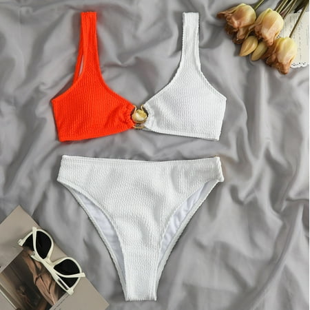 

Odeerbi Two Piece Swimsuit for Women Erogenous Color Blocking Bikini Swimsuit with Bra Pad Without Steel Support White