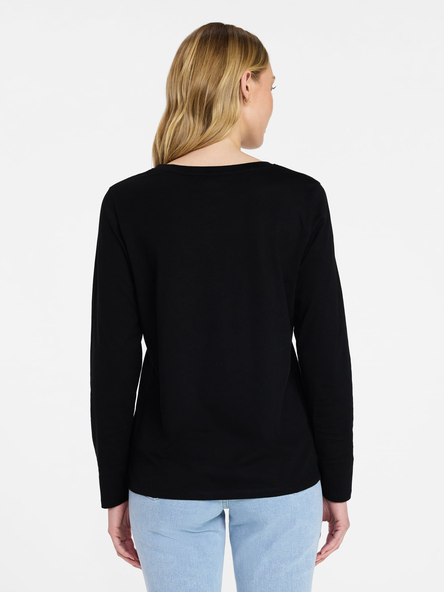 Time and Tru Women's Cotton V-Neck Tee with Long Sleeves, Sizes XS-XXXL