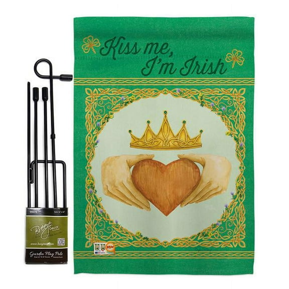 Breeze Decor BD-SA-GS-102057-IP-BO-D-US18-WA 13 x 18.5 in. Kiss Me, Im Irish Spring St Patrick Impressions Decorative Vertical Double Sided Garden Flag Set with Banner Pole