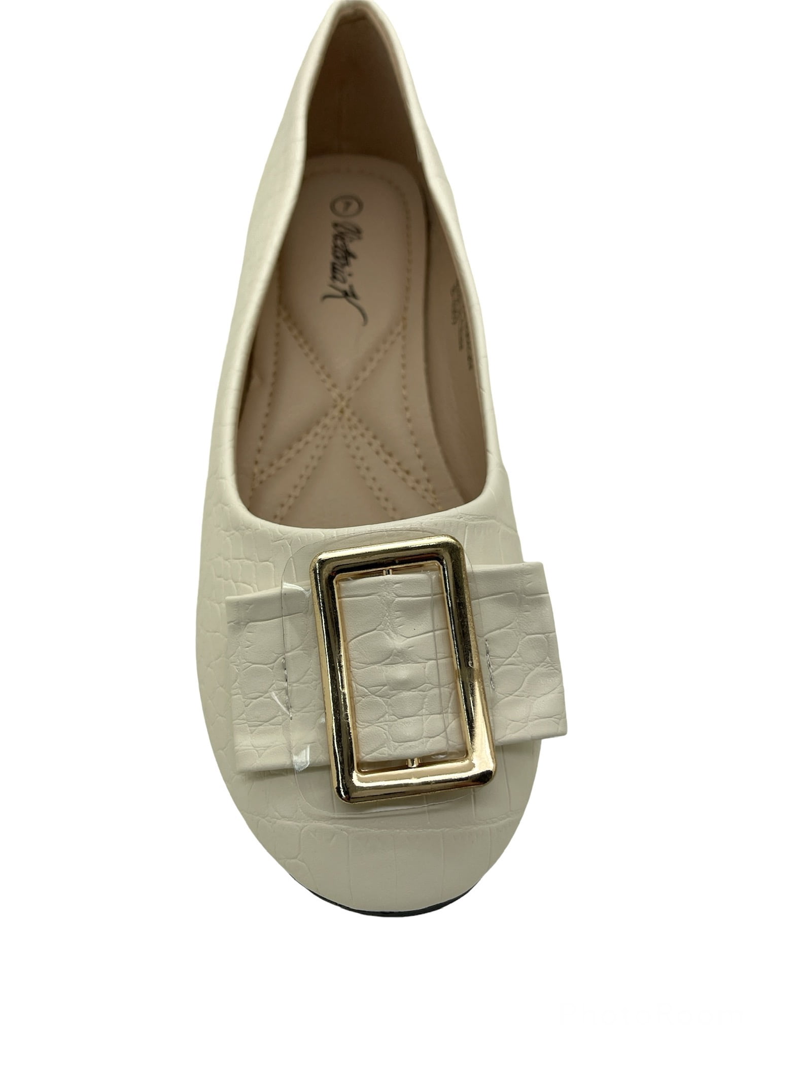 Victoria K Women's Textured Rhinestone Studded Gold Buckle Ballerina Flats