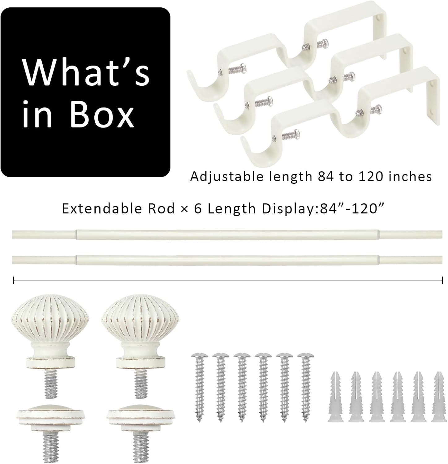 eTeckram 5/8" Double Curtain Rod with Bateau Finials,Weathered White,84‘’-120‘’