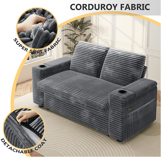 65" Multifunctional Plush Corduroy Loveseat Sleeper Sofa with Pull-Out Bed, Adjustable Backrest, USB Charging Ports, Cup Holders, Side Table & Storage Armrests, Easy Assembly