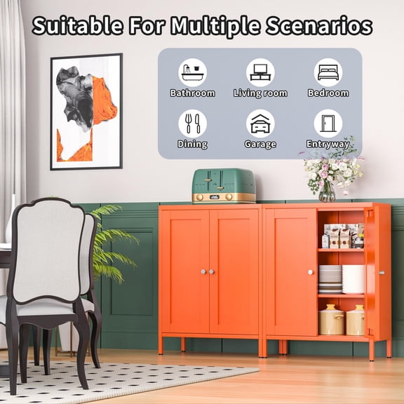Freestanding Metal Bathroom Cabinet, Floor Storage with Adjustable Shelves, Compact Sideboard for Small Spaces, Orange