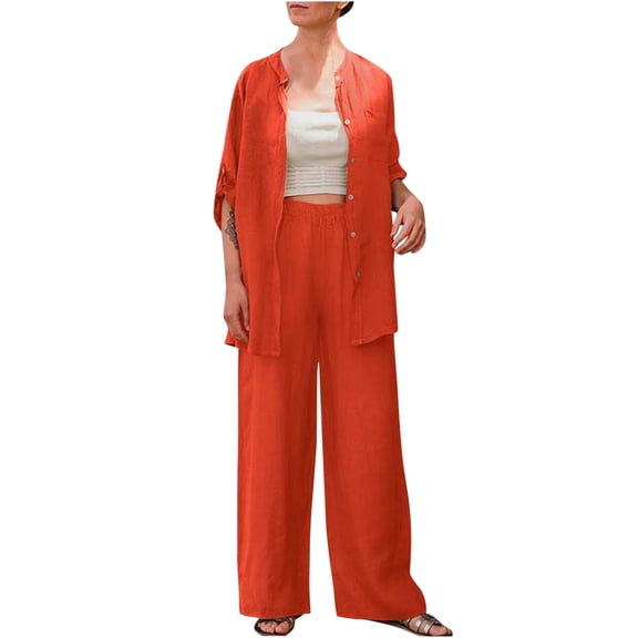 Diufon Women's Two Piece Sets Long Sleeve Button Down Shirts Solid Color Lounge Pants Cotton Linen Outfits