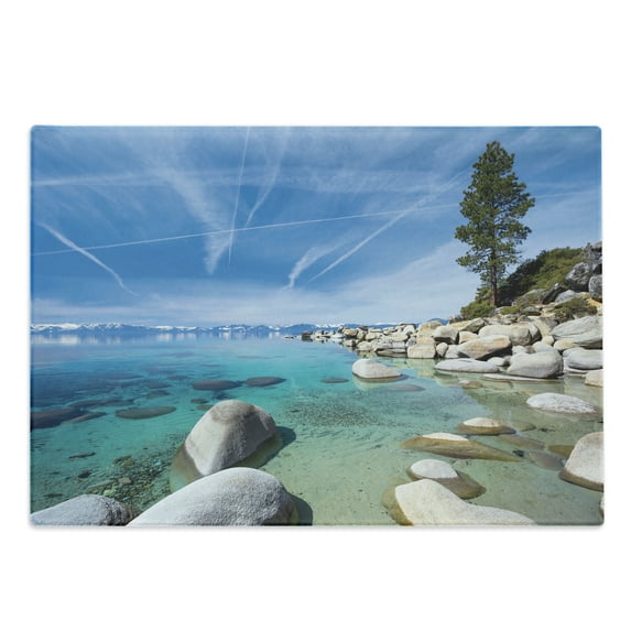 Lake Cutting Board, Aerial View of a Tropic Lake Phenomenal Universe Innate Disposition of World Art Photo, Decorative Tempered Glass Cutting and Serving Board, Large Size, Blue Grey, by Ambesonne
