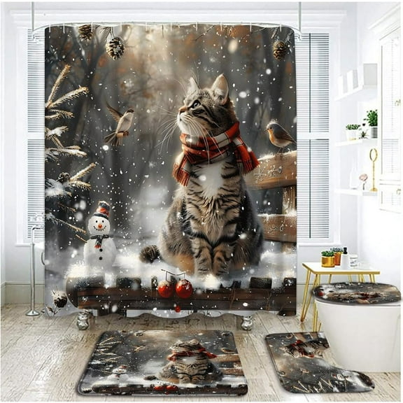4 PCS Winter Forest Cat Shower Curtain Set with Rugs, Toilet Lid Cover ,Christmas Farmhouse Cute Kitten Snwoman Red Birds Snowflake Pine Tree Xmas Festival Animal Bathroom Shower Curtain with Hooks