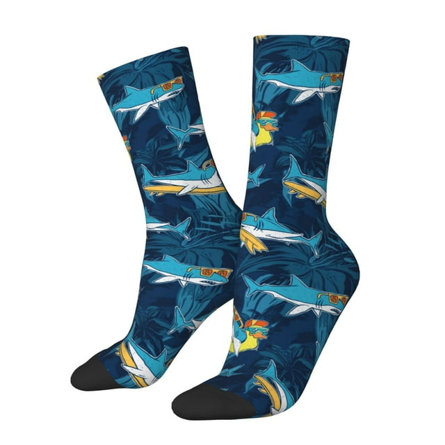 Lsque Chaussettes pour Hommes à Imprimé de Requins Surfeurs Dessin Animé, Chaussettes en Coton Douces, Durables, Respirantes et Évacuant l'Humidité avec Contrôle des Odeurs