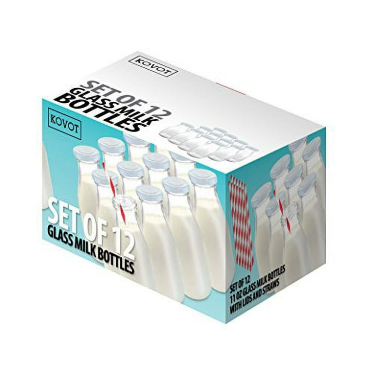 11 oz Glass Milk Bottle Set of 12 - Includes Reusable White Lids and Straws