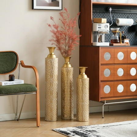 Hearthora 3-Piece Gold Metal Decorative Floor Vase Set – Embossed Vine Pattern Tall Vases for Living Room, Entryway & Home Décor