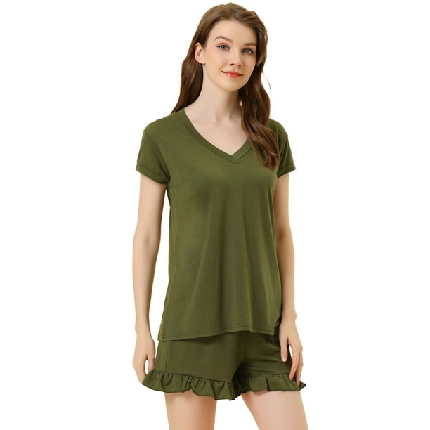 Pijamas de verano para mujer, camisetas y pantalones cortos de manga corta, conjuntos de salón para dormir Verde L