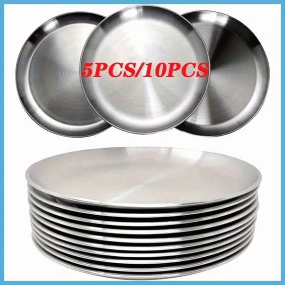 QUTETN 5 or 10 Pack Stainless Steel Plates – BPA-Free, Dishwasher Safe Round Serving Trays for Desserts, Fruits, BBQ & Outdoor Dining – Durable Food-Safe Metal Dinnerware