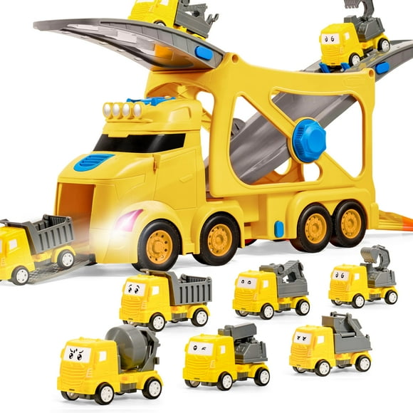 VROOMIX 3-Layer Extra Large Construction Truck Toys for Boy Girls, 7-in-1 Big Transport Vehicle Carrier Truck with Directional Tracks, Siren & Lights, 6 Cars, Chrismas Birthday Gifts for 3+ Years Old