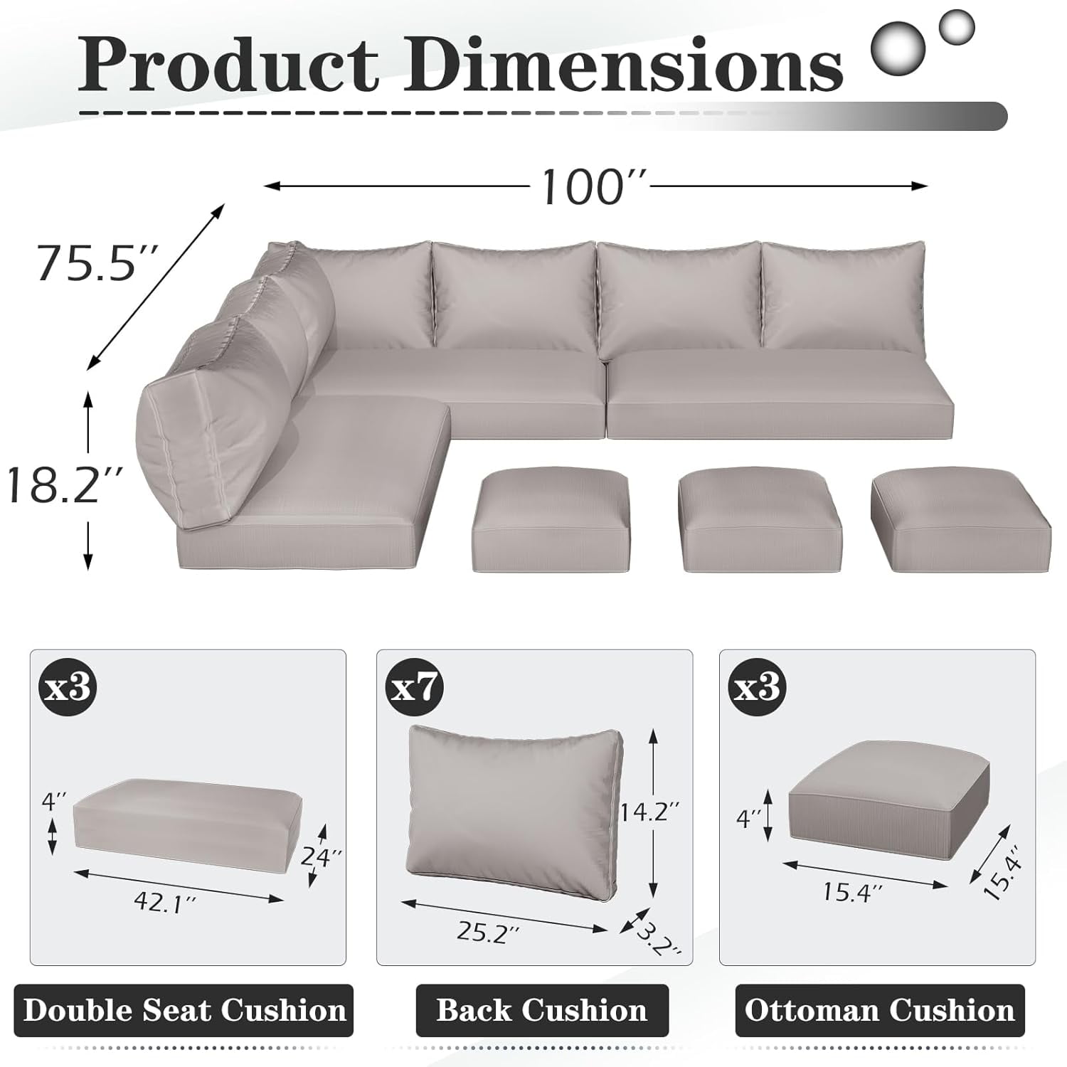 YODOLLA Outdoor Cushions, 4 inch Patio Cushions for Outdoor Furniture, Replacement Cushions Fits 7-Seats Sectional Rattan Conversation Set, Splashproof, Memory Foam Cushions and Covers (Light Grey)