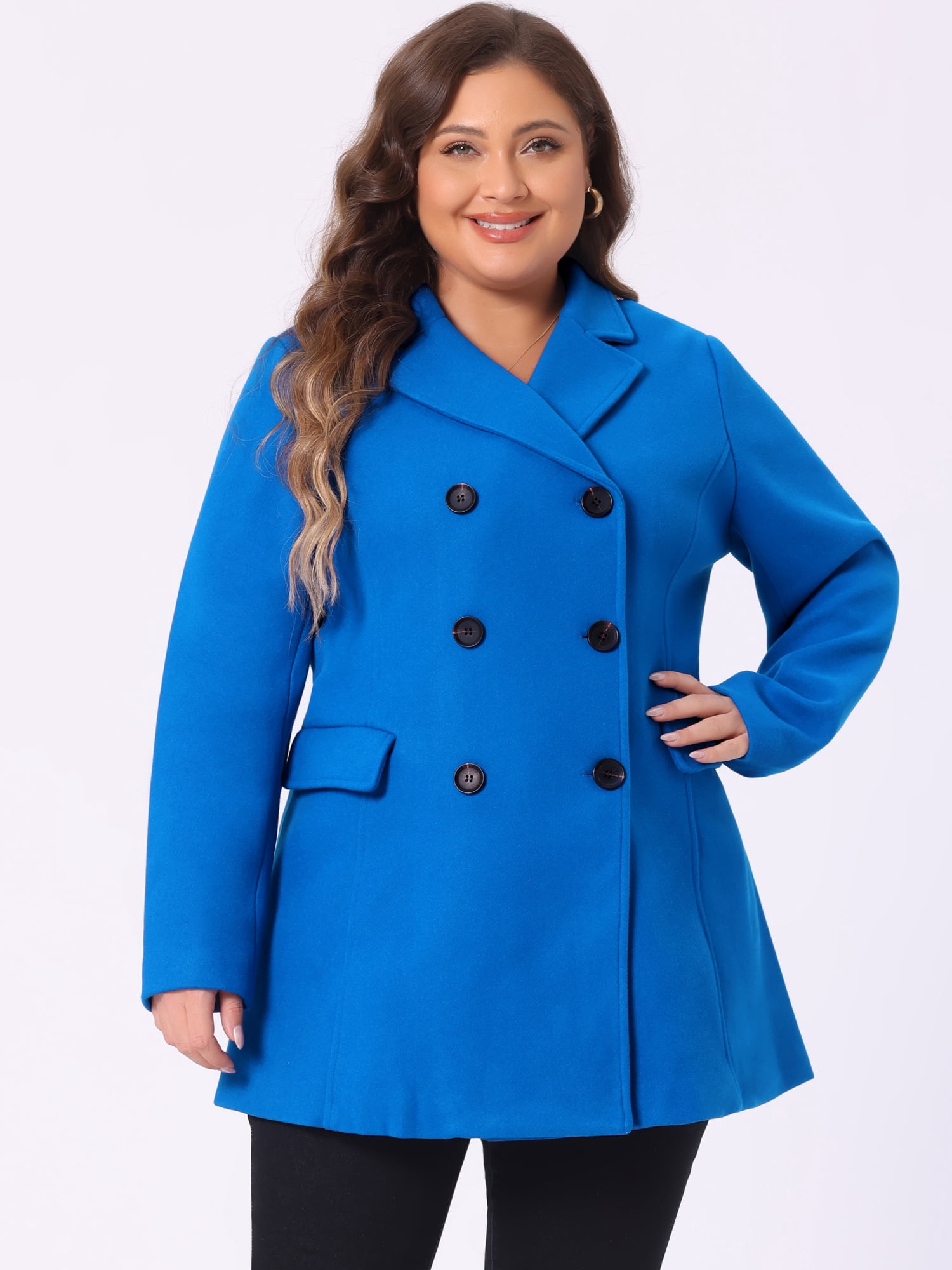 DARING DIVA Women's Plus Size Notched Lapel Double Breasted Long Coat 4X Royal Blue
